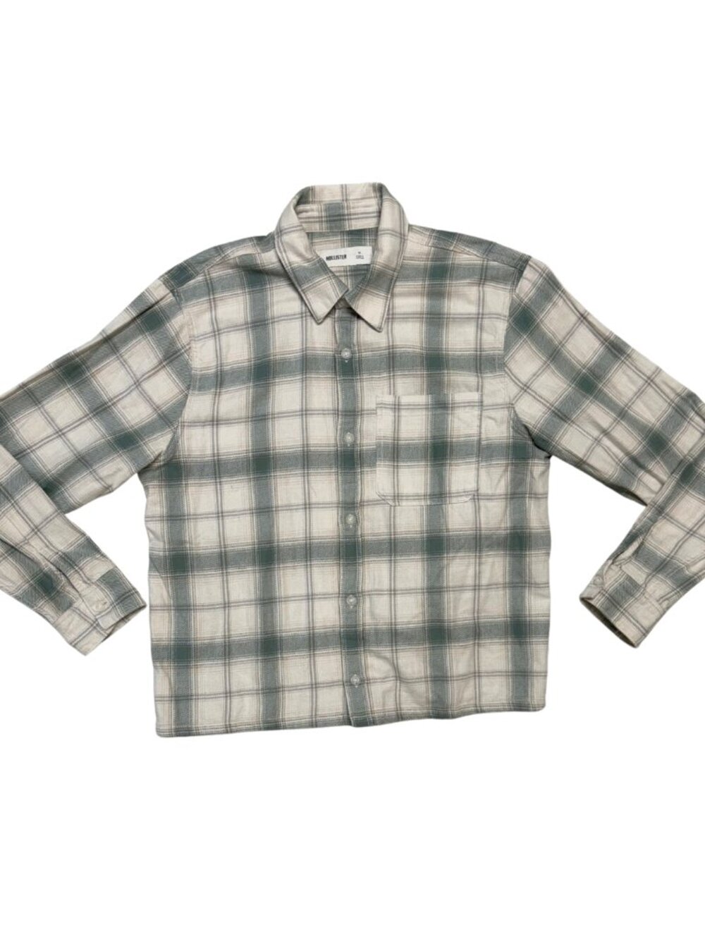 Hollister Plaid 100% Cotton Button Down Shirt Size Medium Green White Grey
